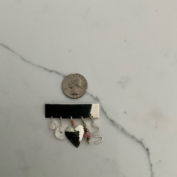 Sterling Silver Rectangle Brooch Pin w/Drop beads and Heart Stamped AH - Picture 3 of 4